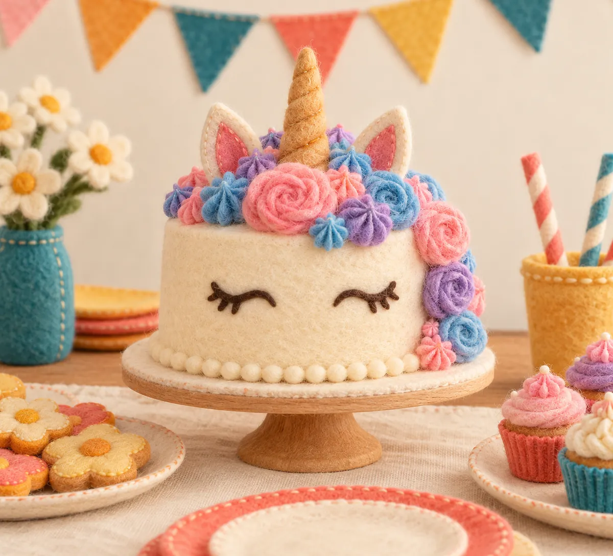 Illustration en feutrine : gâteau licorne à la crème pastel