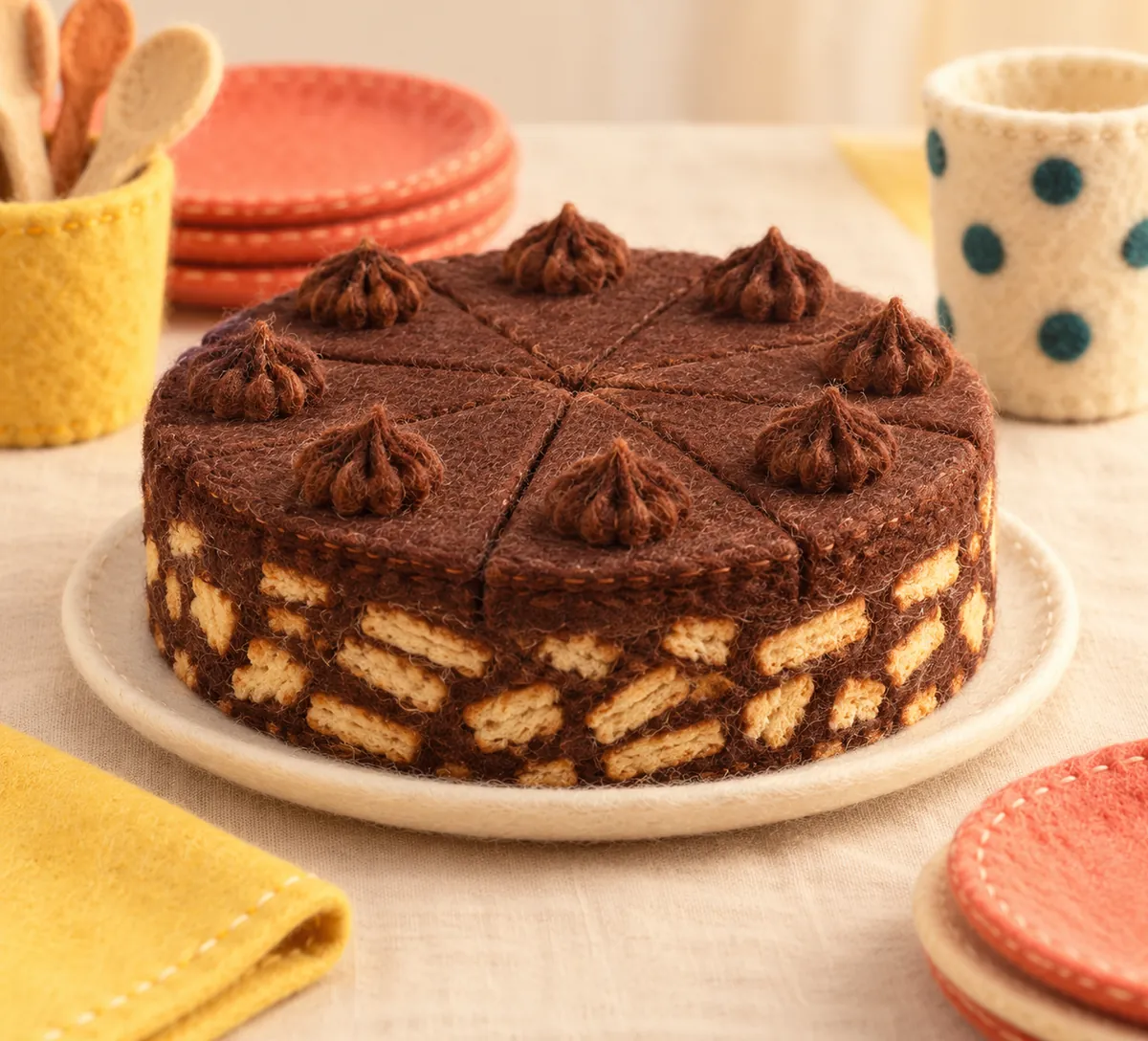 Illustration en feutrine : gâteau sans cuisson au chocolat et aux biscuits