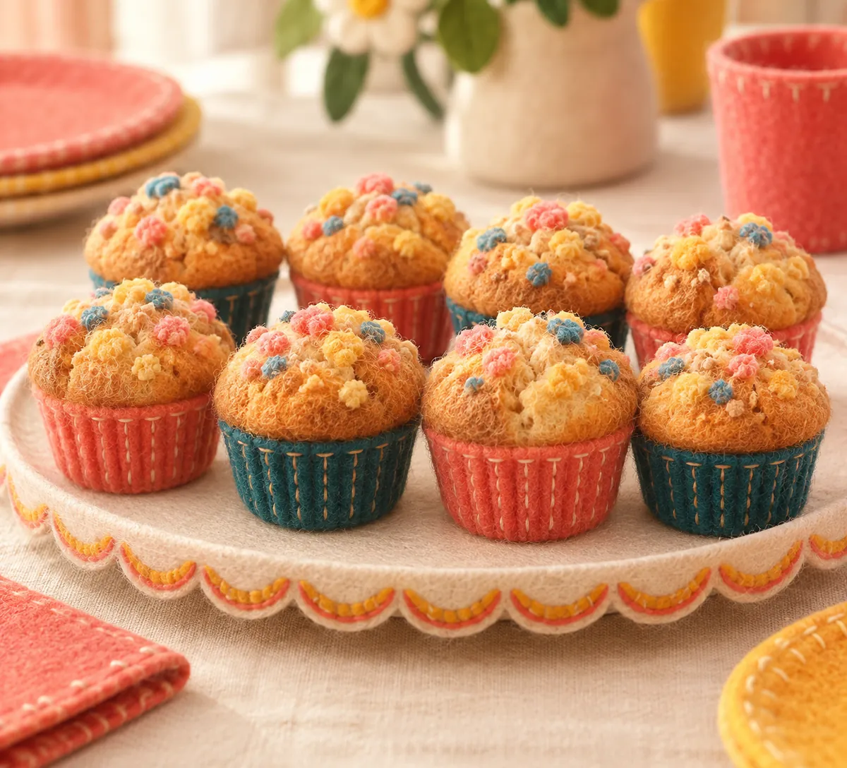 Illustration en feutrine : muffins aux pépites colorées