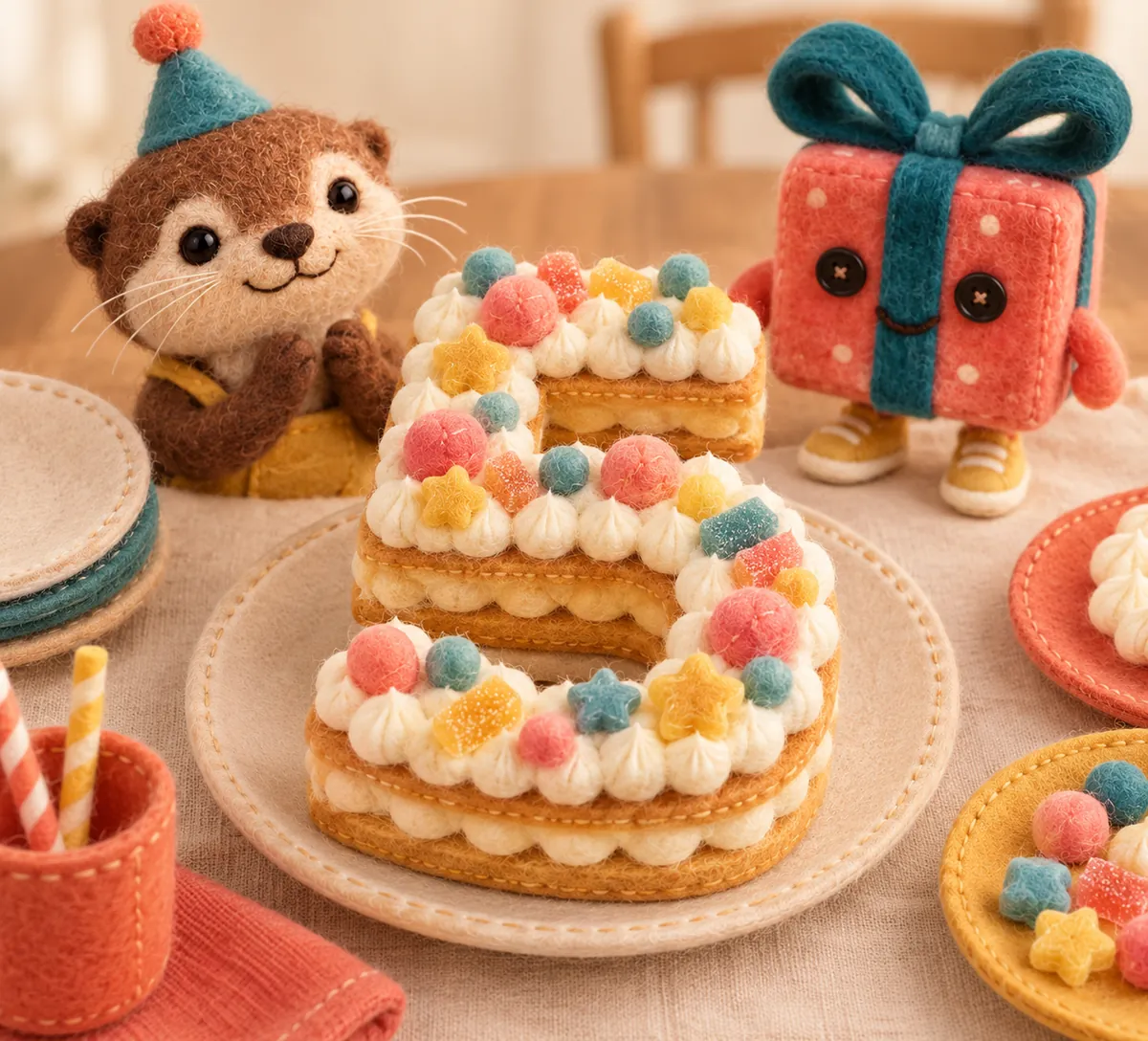 Illustration en feutrine : number cake en forme de chiffre, crème et bonbons moelleux