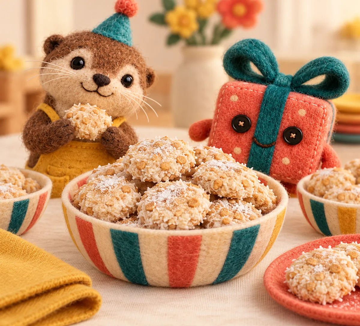 Illustration en feutrine : petits palets biscuits-coco façon popcorn de fête