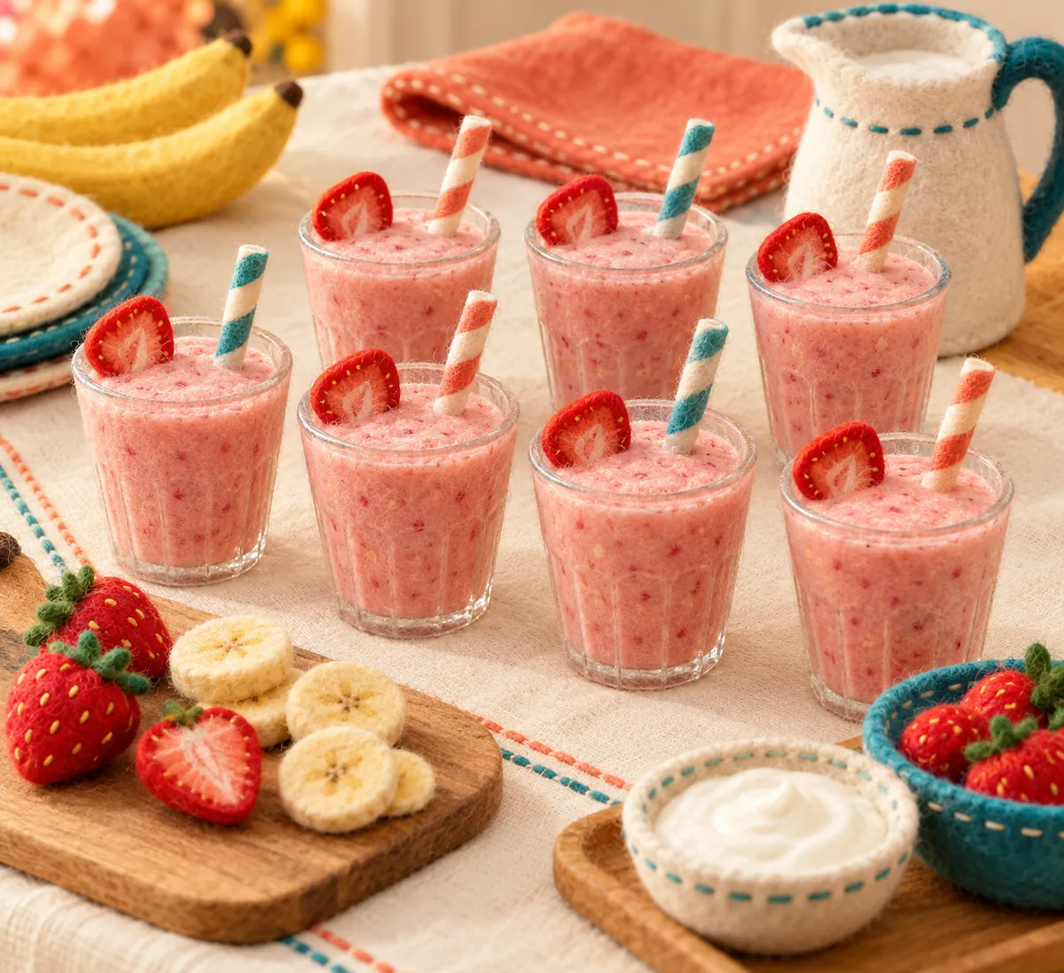 Illustration en feutrine : smoothie fraise-banane